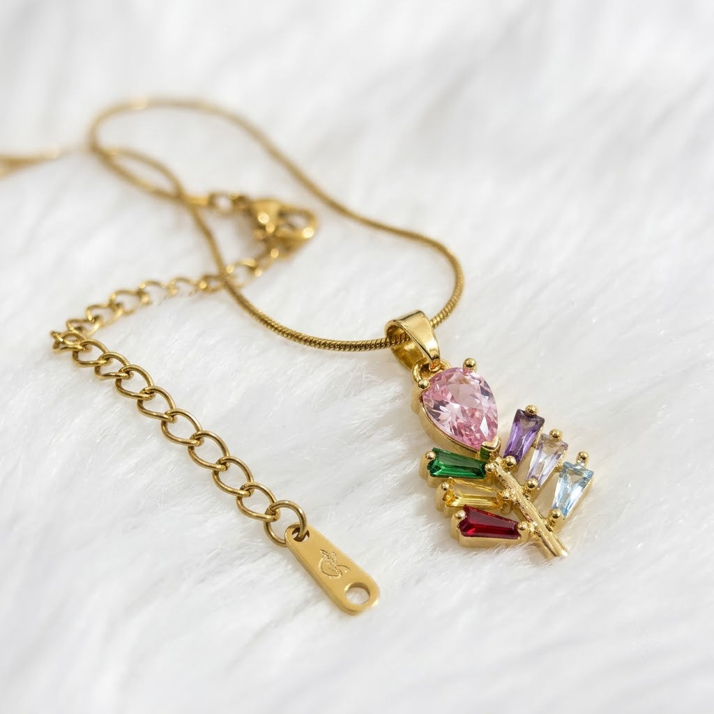 Prismatic Crystal Plume Feather & Rose Drop Necklace - View 4 | ANUSI 18K Gold Jewelry