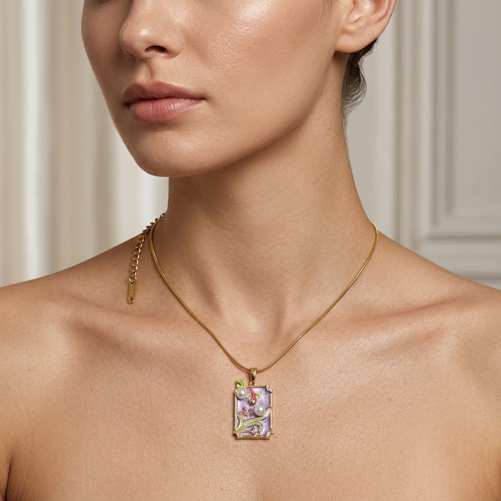 Lavender Twilight Garden Framed Enamel Necklace - View 5 | ANUSI 18K Gold Jewelry
