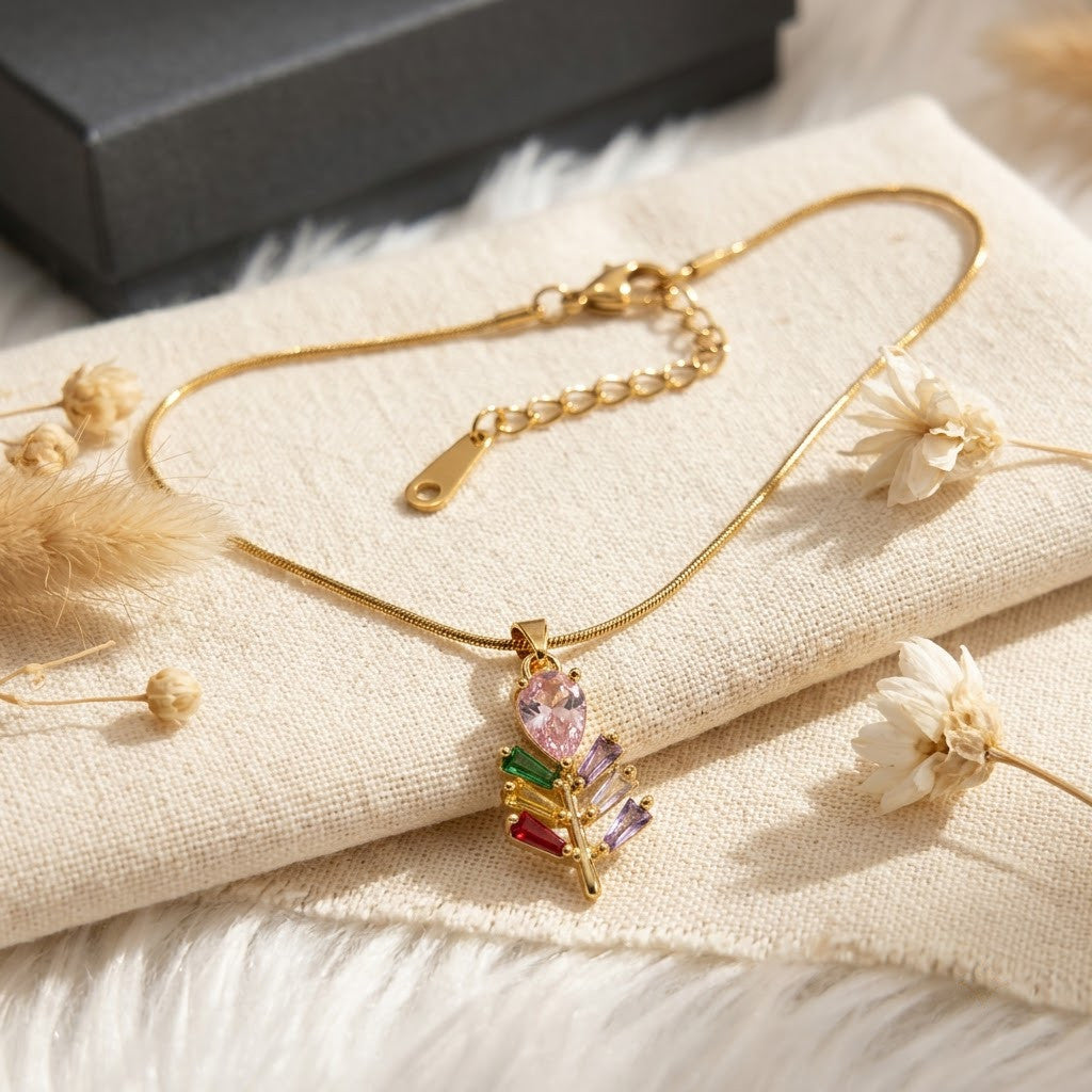 Prismatic Crystal Plume Feather & Rose Drop Necklace - View 3 | ANUSI 18K Gold Jewelry
