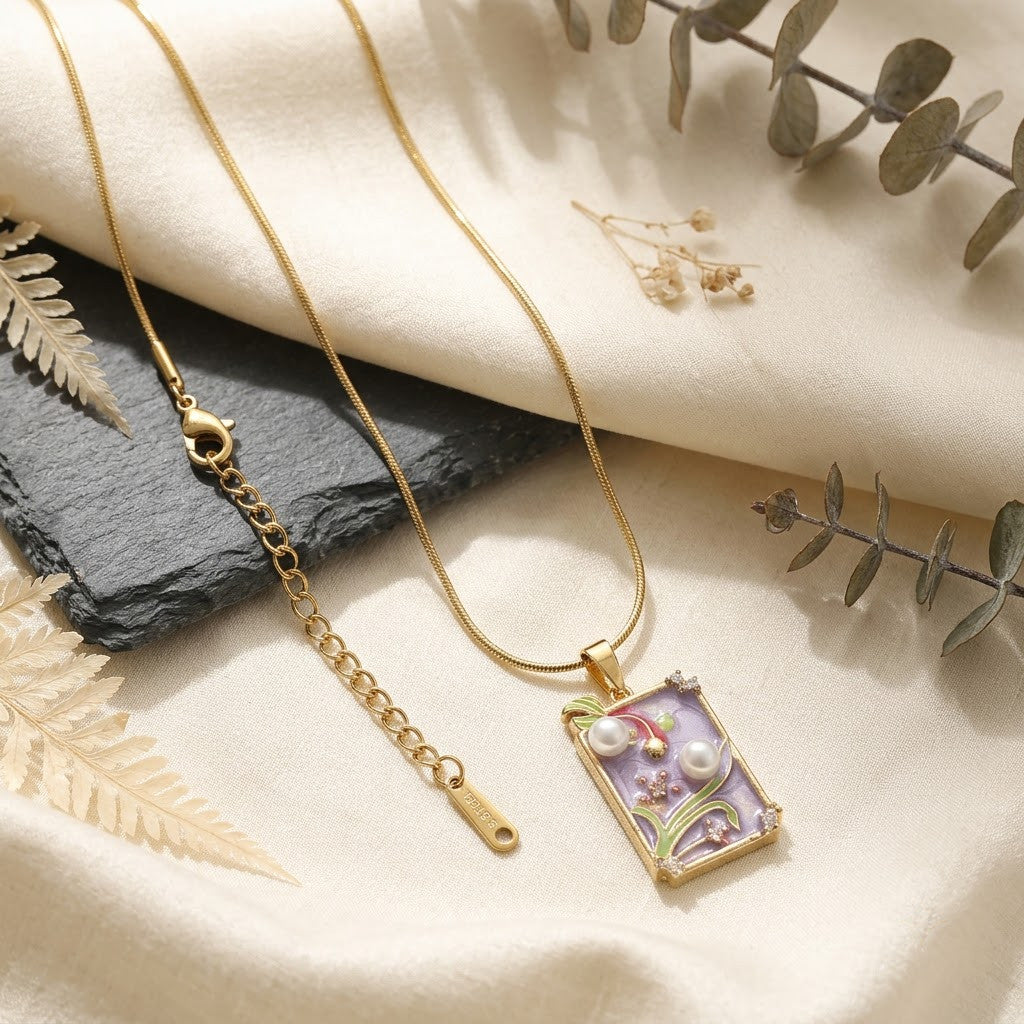Lavender Twilight Garden Framed Enamel Necklace - View 3 | ANUSI 18K Gold Jewelry