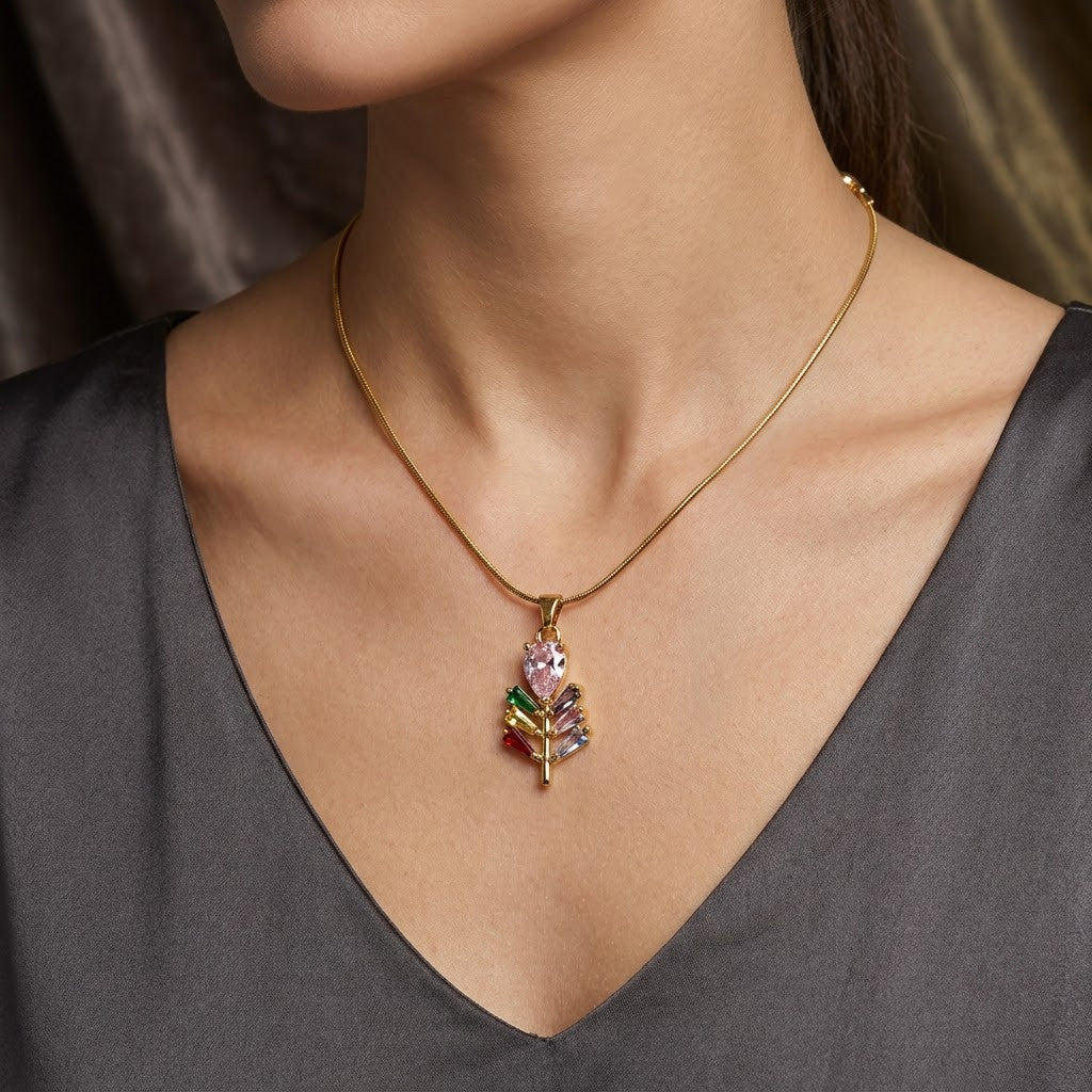 Prismatic Crystal Plume Feather & Rose Drop Necklace - View 5 | ANUSI 18K Gold Jewelry