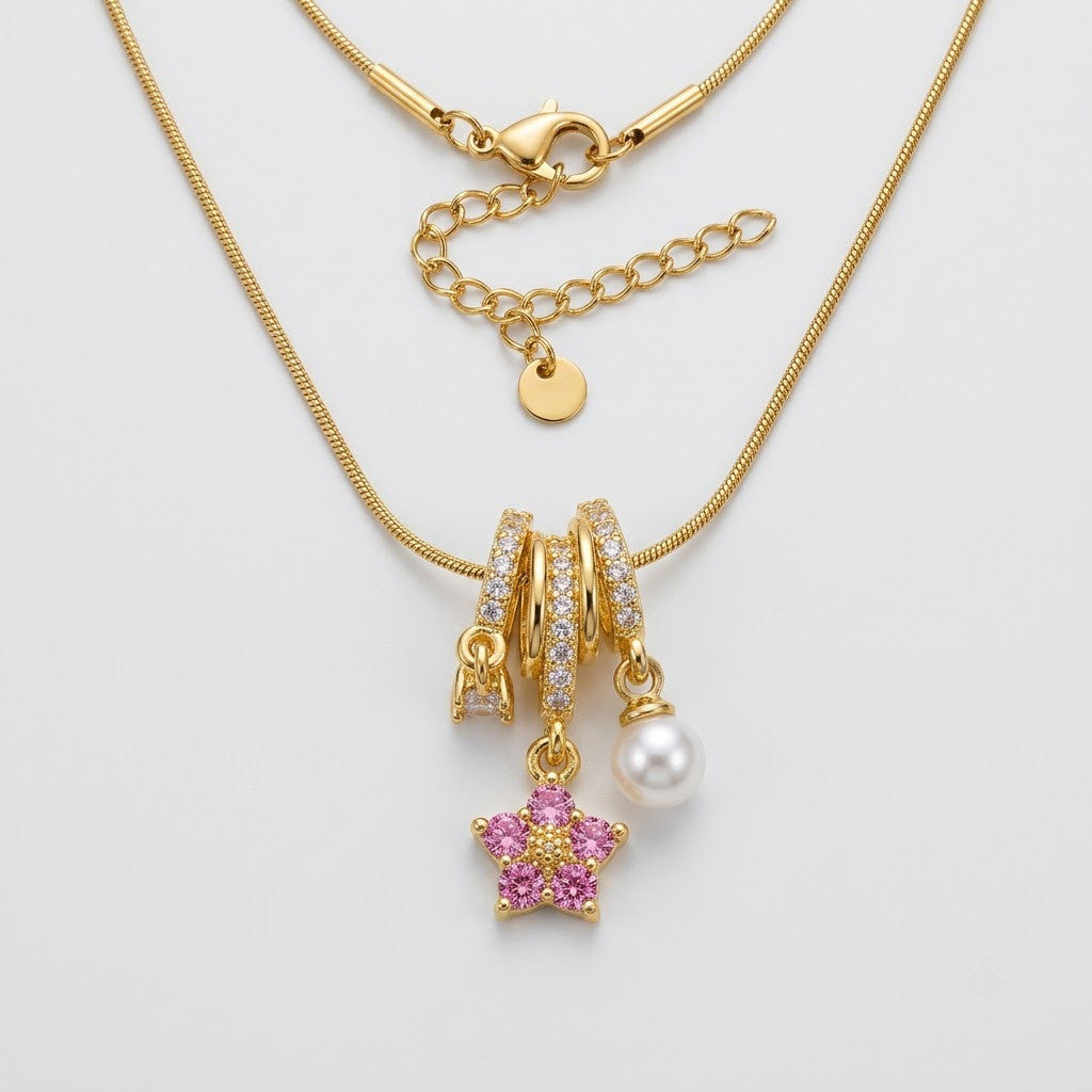 Triple Fluted Bale Pavé Star & Pearl Tassel Necklace - View 7 | ANUSI 18K Gold Jewelry