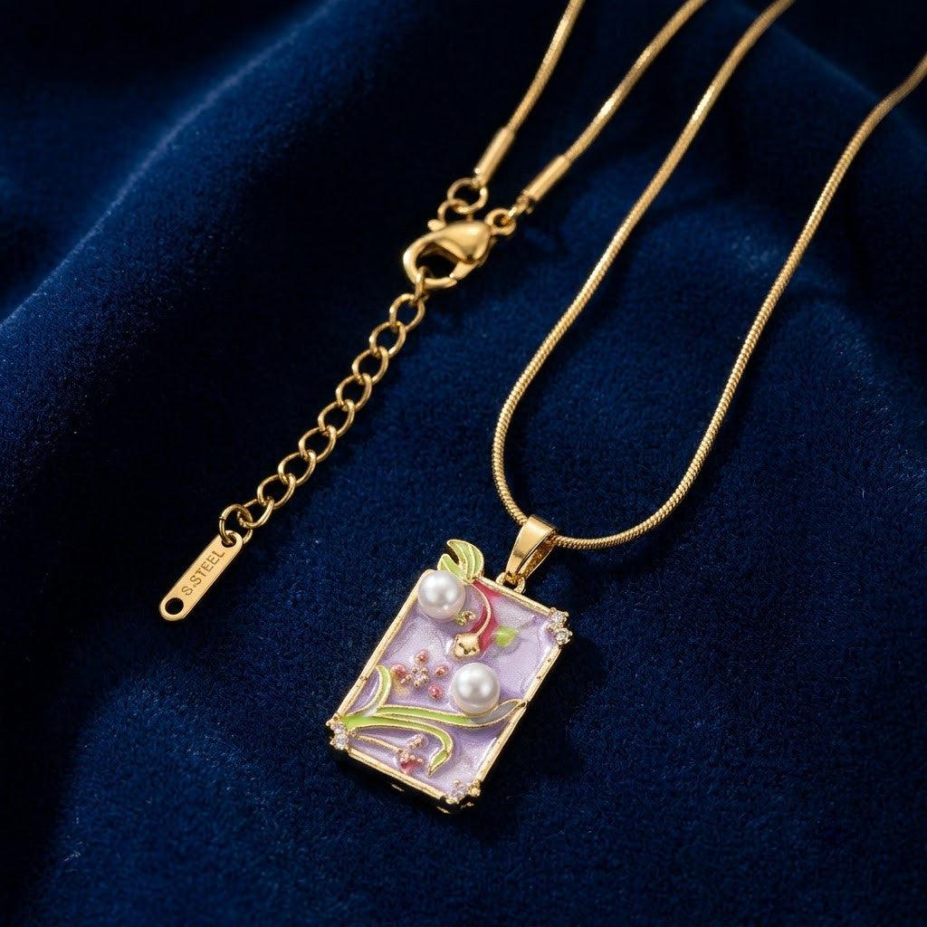 Lavender Twilight Garden Framed Enamel Necklace - View 1 | ANUSI 18K Gold Jewelry