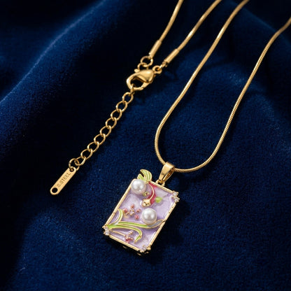 Lavender Twilight Garden Framed Enamel Necklace - View 1 | ANUSI 18K Gold Jewelry