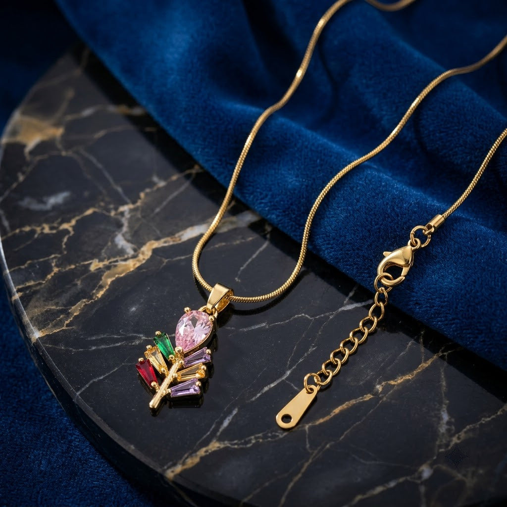 Prismatic Crystal Plume Feather & Rose Drop Necklace - View 1 | ANUSI 18K Gold Jewelry