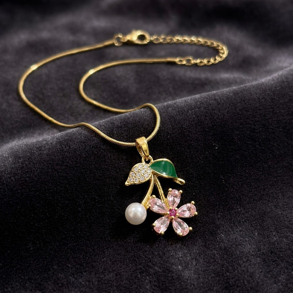Sakura Blossom Botanical Branch & Emerald Leaf Necklace - View 2 | ANUSI 18K Gold Jewelry