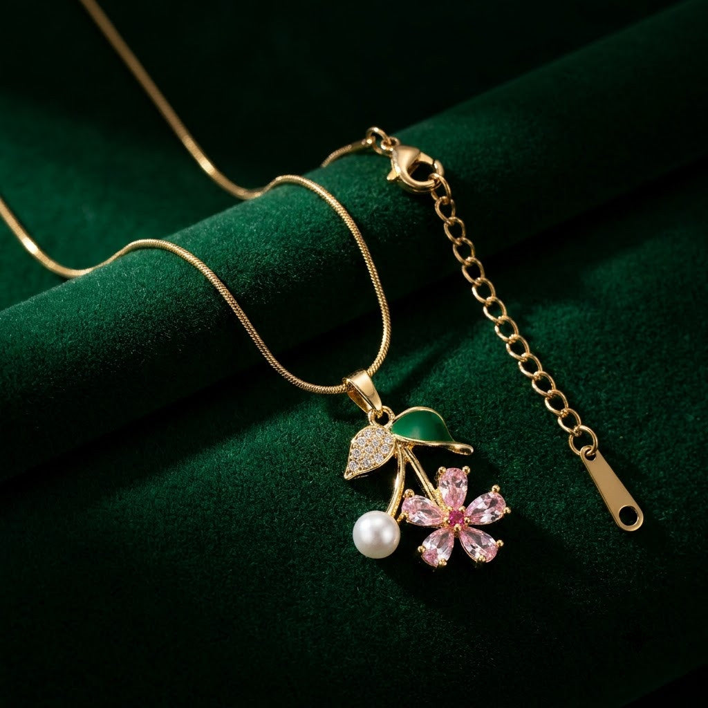 Sakura Blossom Botanical Branch & Emerald Leaf Necklace - View 1 | ANUSI 18K Gold Jewelry