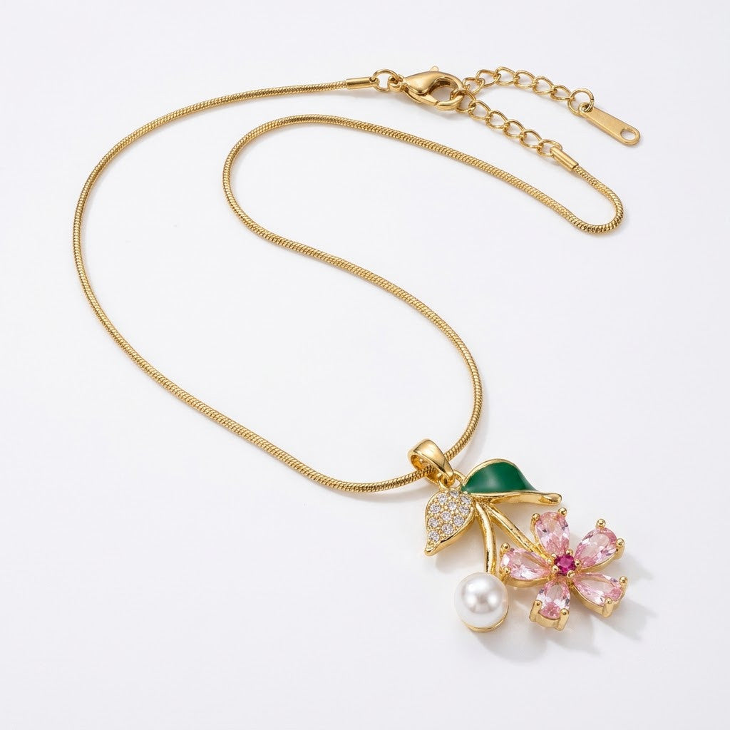 Sakura Blossom Botanical Branch & Emerald Leaf Necklace - View 7 | ANUSI 18K Gold Jewelry