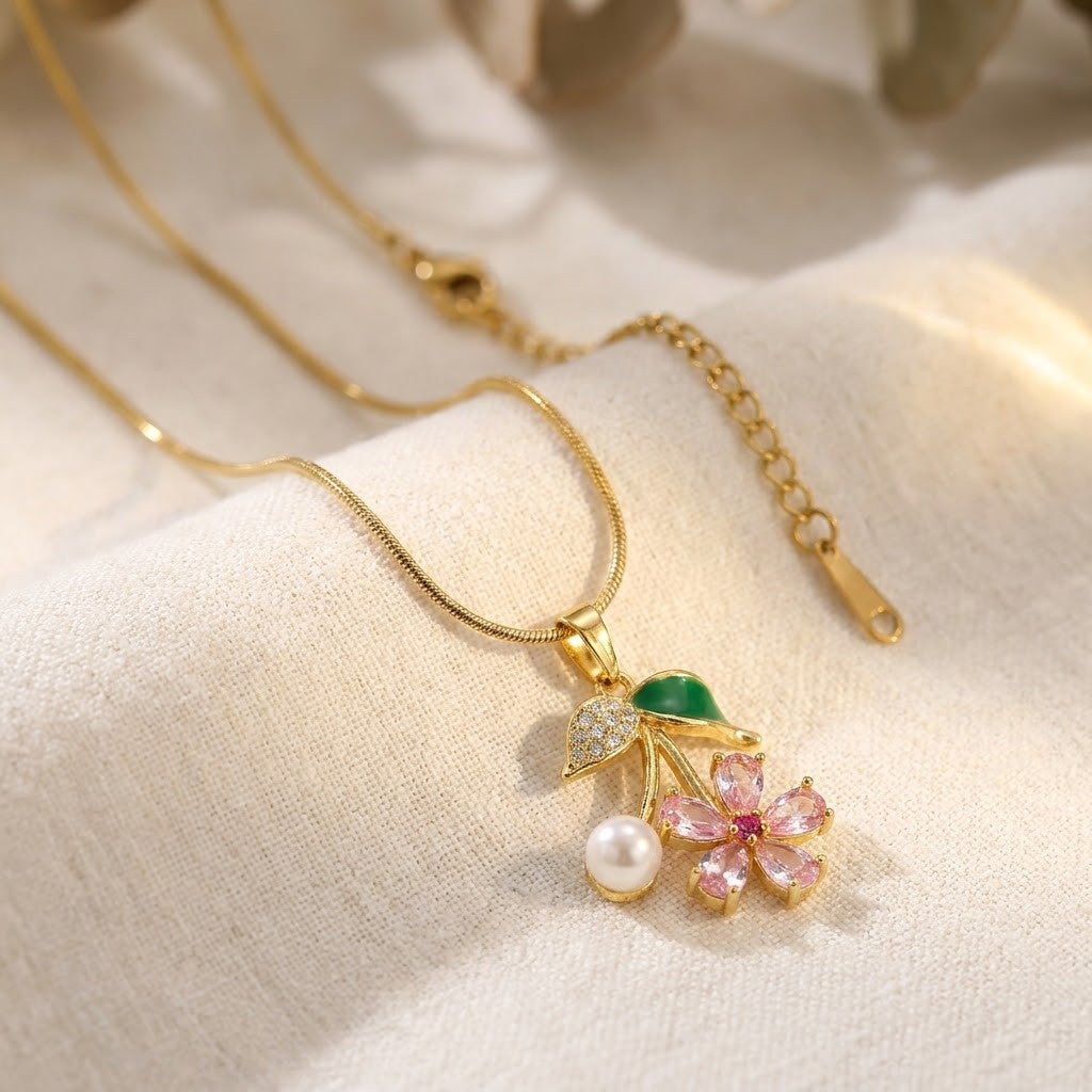 Sakura Blossom Botanical Branch & Emerald Leaf Necklace - View 3 | ANUSI 18K Gold Jewelry