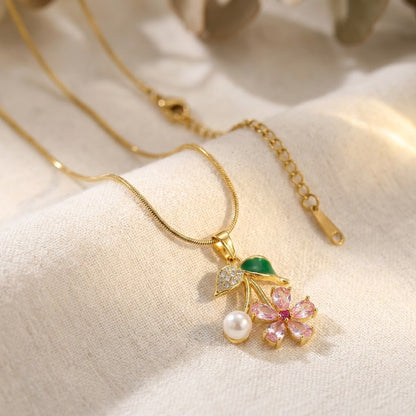 Sakura Blossom Botanical Branch & Emerald Leaf Necklace - View 3 | ANUSI 18K Gold Jewelry