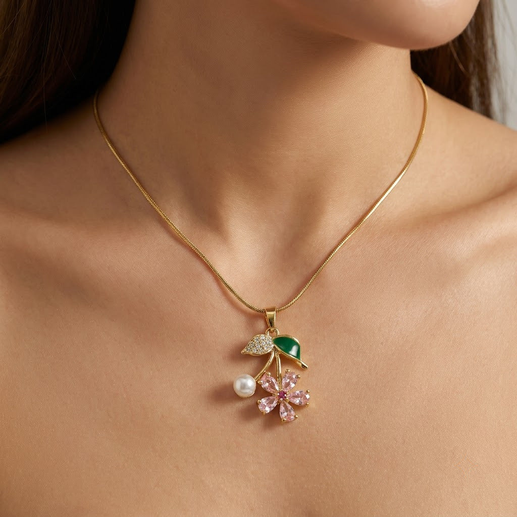 Sakura Blossom Botanical Branch & Emerald Leaf Necklace - View 5 | ANUSI 18K Gold Jewelry
