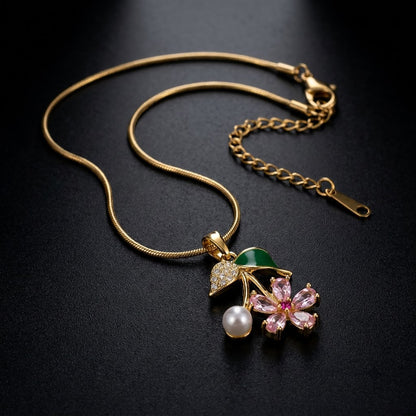 Sakura Blossom Botanical Branch & Emerald Leaf Necklace - View 6 | ANUSI 18K Gold Jewelry