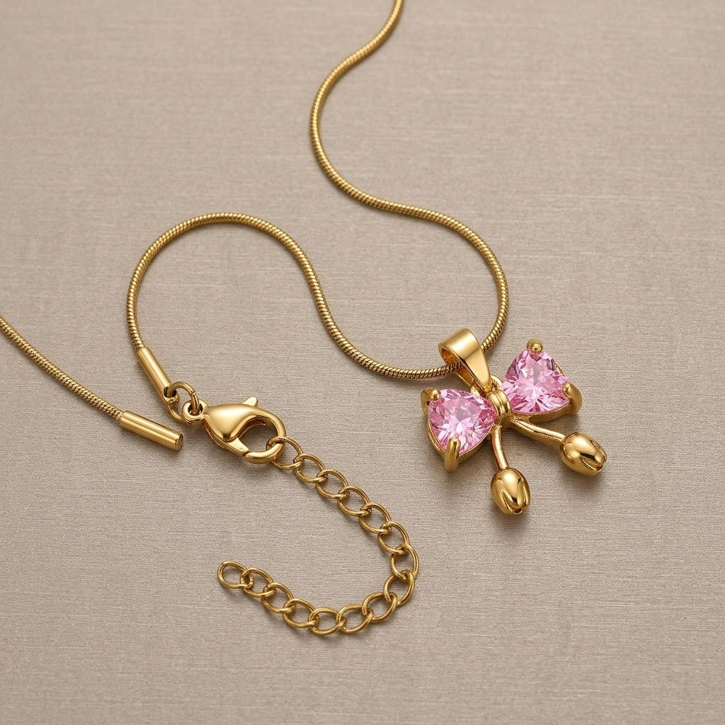 Pink Sapphire Crystal Butterfly Dewdrop Necklace - View 8 | ANUSI 18K Gold Jewelry