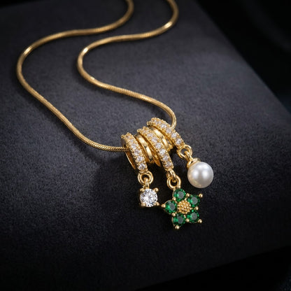 Lucky Four-Leaf Clover Emerald & Pearl Tassel Necklace - View 6 | ANUSI 18K Gold Jewelry