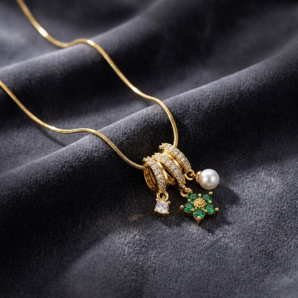 Lucky Four-Leaf Clover Emerald & Pearl Tassel Necklace - View 1 | ANUSI 18K Gold Jewelry