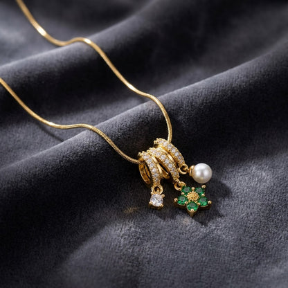 Lucky Four-Leaf Clover Emerald & Pearl Tassel Necklace - View 1 | ANUSI 18K Gold Jewelry