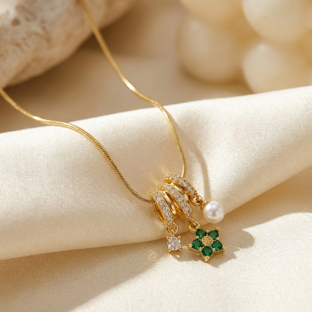 Lucky Four-Leaf Clover Emerald & Pearl Tassel Necklace - View 3 | ANUSI 18K Gold Jewelry