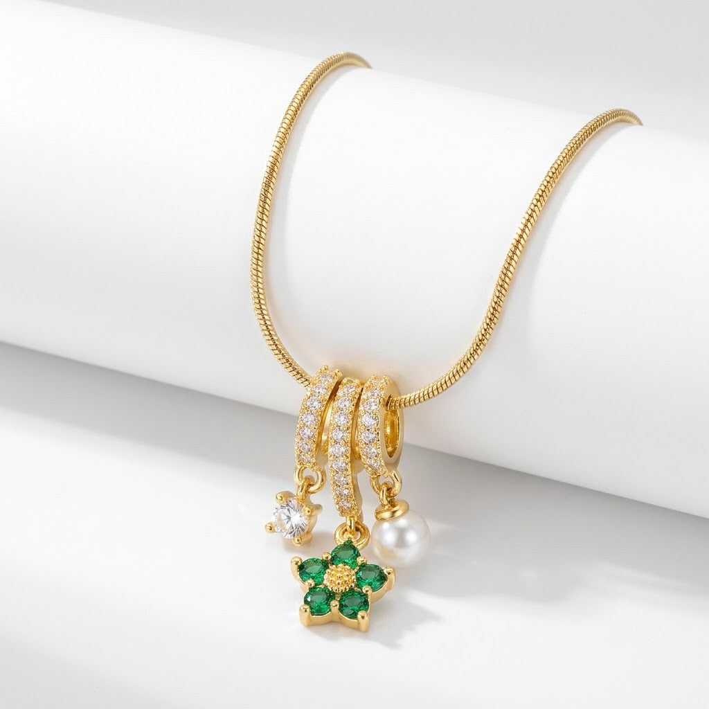 Lucky Four-Leaf Clover Emerald & Pearl Tassel Necklace - View 7 | ANUSI 18K Gold Jewelry