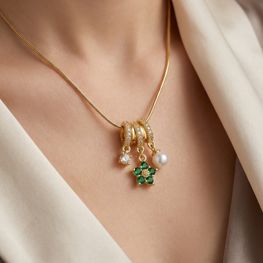 Lucky Four-Leaf Clover Emerald & Pearl Tassel Necklace - View 5 | ANUSI 18K Gold Jewelry
