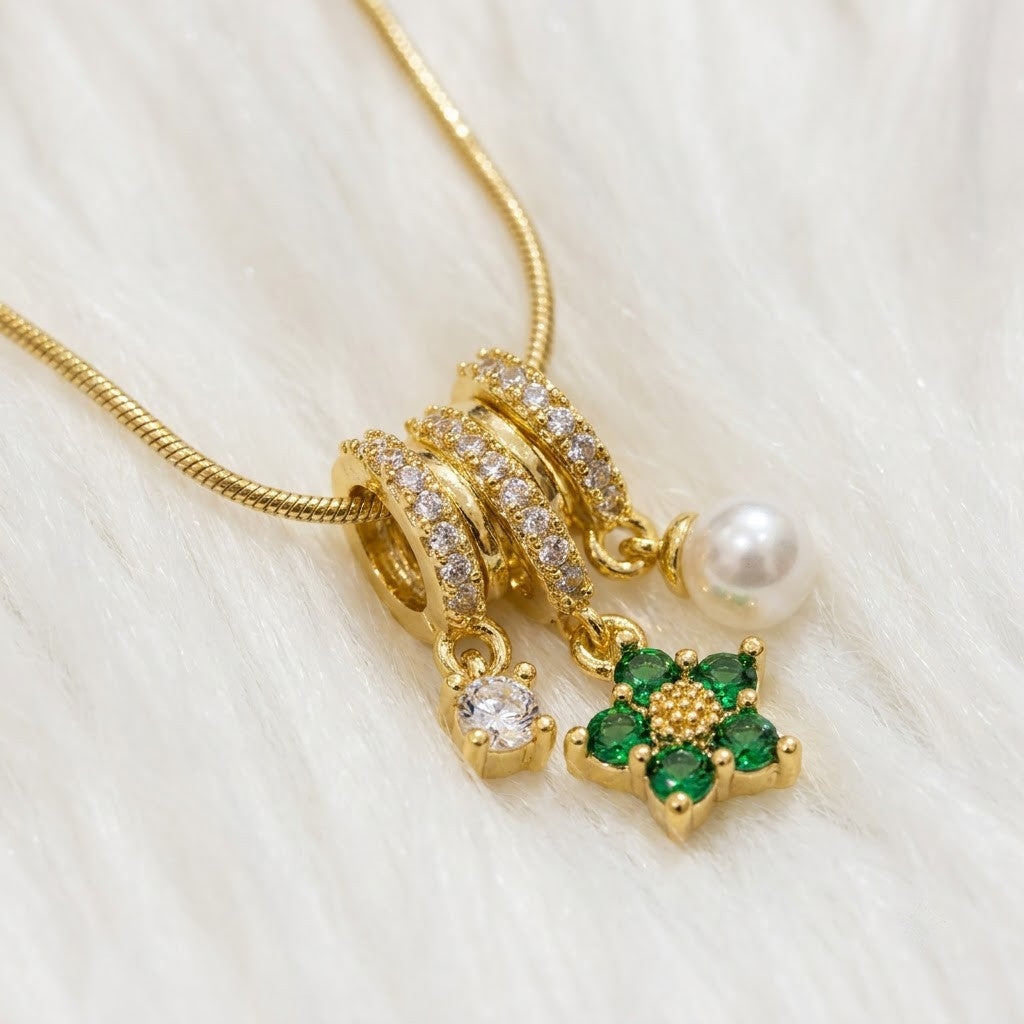 Lucky Four-Leaf Clover Emerald & Pearl Tassel Necklace - View 4 | ANUSI 18K Gold Jewelry