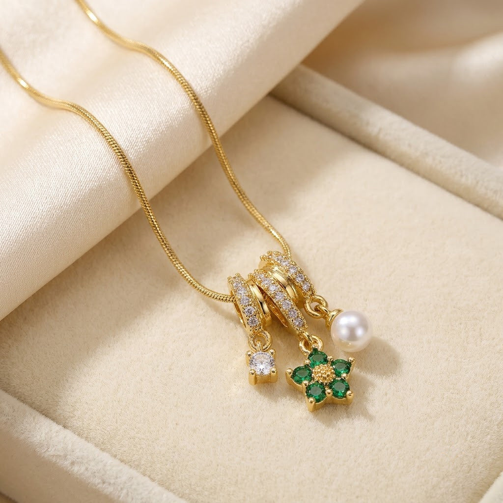 Lucky Four-Leaf Clover Emerald & Pearl Tassel Necklace - View 2 | ANUSI 18K Gold Jewelry