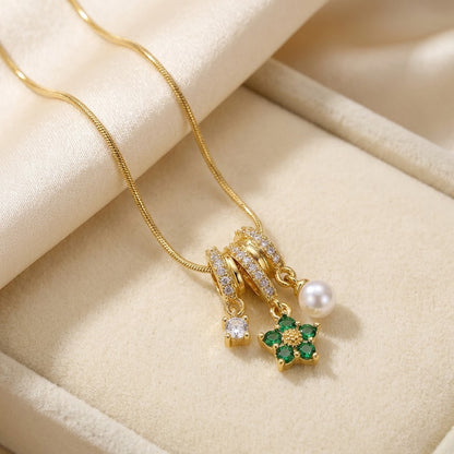 Lucky Four-Leaf Clover Emerald & Pearl Tassel Necklace - View 2 | ANUSI 18K Gold Jewelry