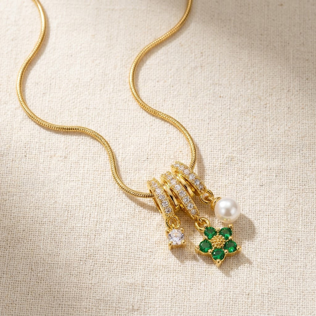 Lucky Four-Leaf Clover Emerald & Pearl Tassel Necklace - View 8 | ANUSI 18K Gold Jewelry
