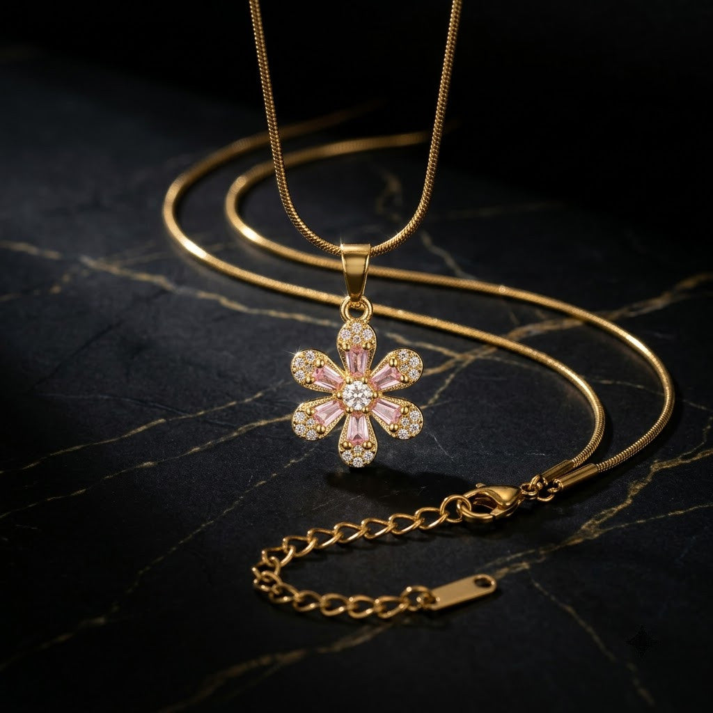 Carved Mother of Pearl Sakura Blossom Crystal Necklace - View 6 | ANUSI 18K Gold Jewelry