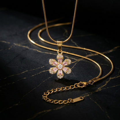 Carved Mother of Pearl Sakura Blossom Crystal Necklace - View 6 | ANUSI 18K Gold Jewelry