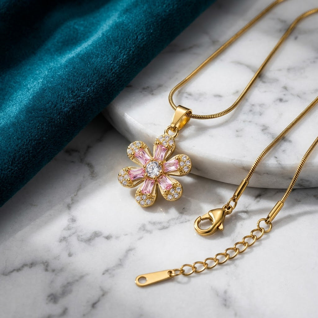 Carved Mother of Pearl Sakura Blossom Crystal Necklace - View 1 | ANUSI 18K Gold Jewelry