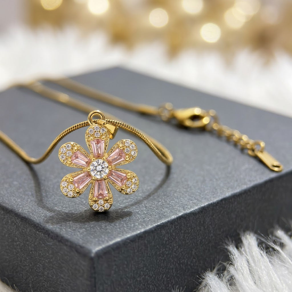 Carved Mother of Pearl Sakura Blossom Crystal Necklace - View 4 | ANUSI 18K Gold Jewelry