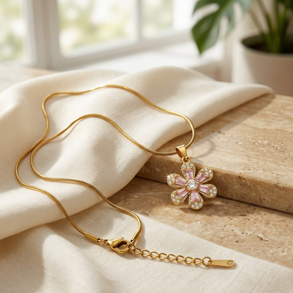 Carved Mother of Pearl Sakura Blossom Crystal Necklace - View 3 | ANUSI 18K Gold Jewelry