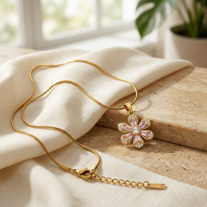 Carved Mother of Pearl Sakura Blossom Crystal Necklace - View 3 | ANUSI 18K Gold Jewelry
