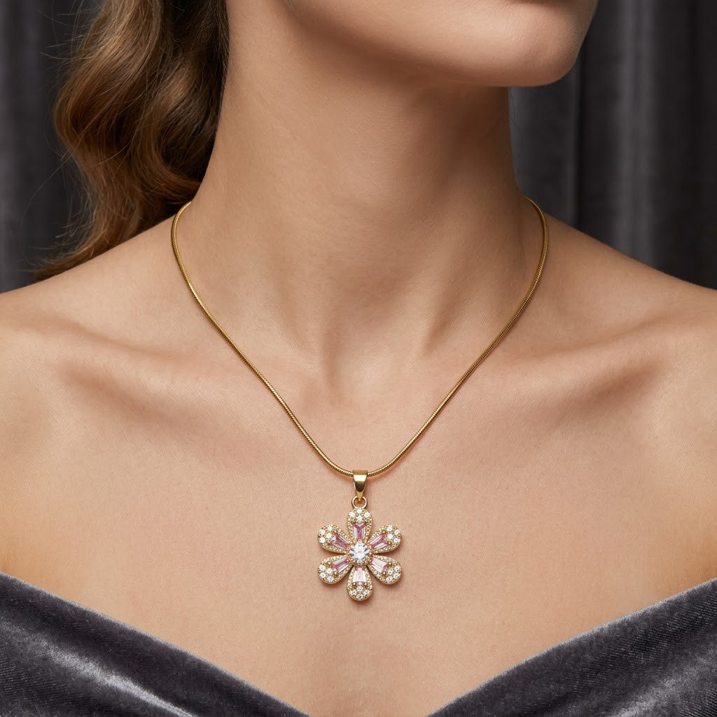 Carved Mother of Pearl Sakura Blossom Crystal Necklace - View 5 | ANUSI 18K Gold Jewelry