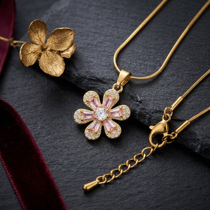 Carved Mother of Pearl Sakura Blossom Crystal Necklace - View 2 | ANUSI 18K Gold Jewelry