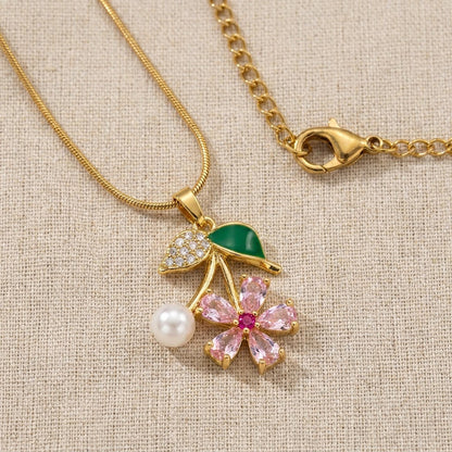 Sakura Blossom Botanical Branch & Emerald Leaf Necklace - View 8 | ANUSI 18K Gold Jewelry