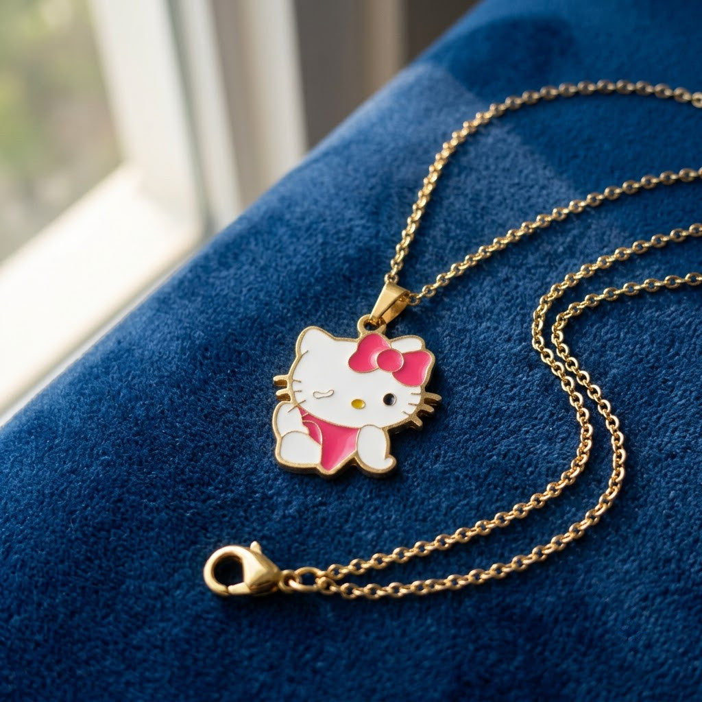 Playful Kawaii Kitty Cat Enamel Bow Necklace - View 3 | ANUSI 18K Gold Jewelry