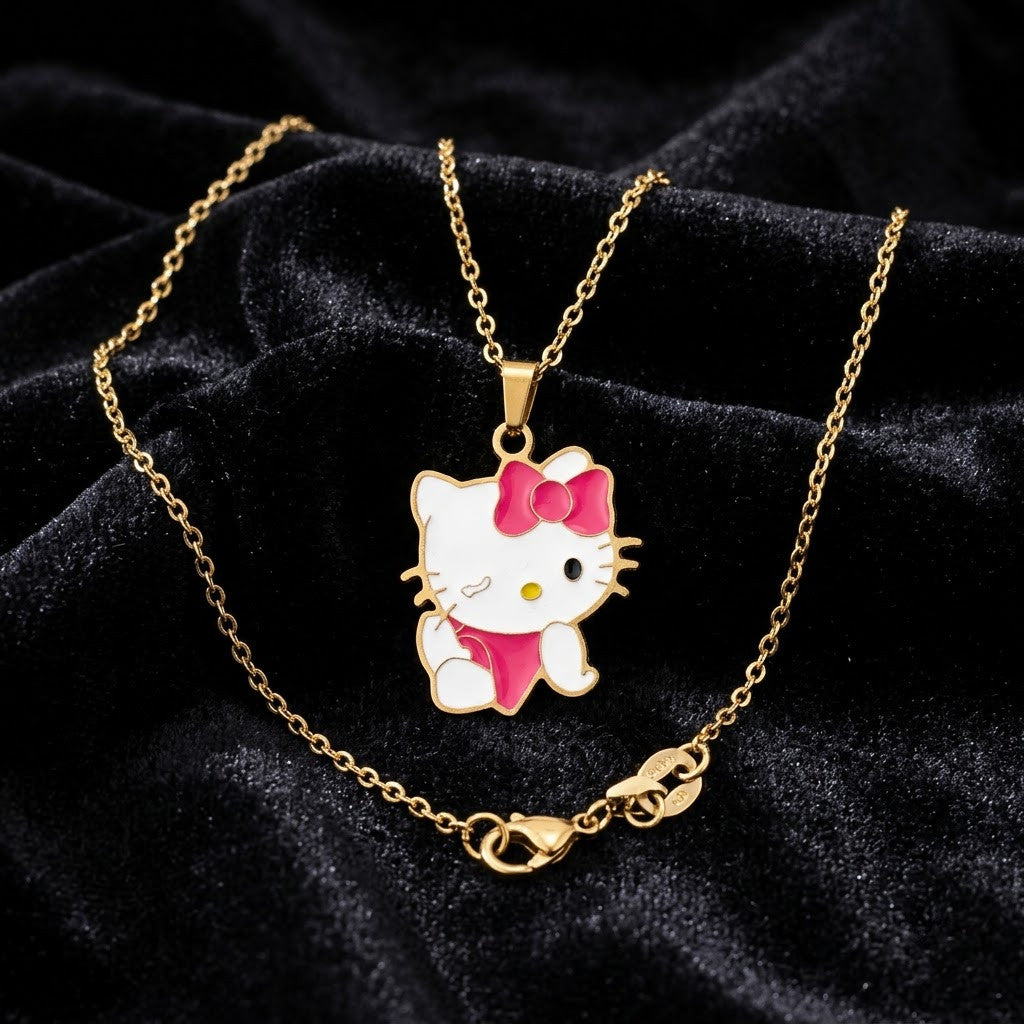 Playful Kawaii Kitty Cat Enamel Bow Necklace - View 1 | ANUSI 18K Gold Jewelry