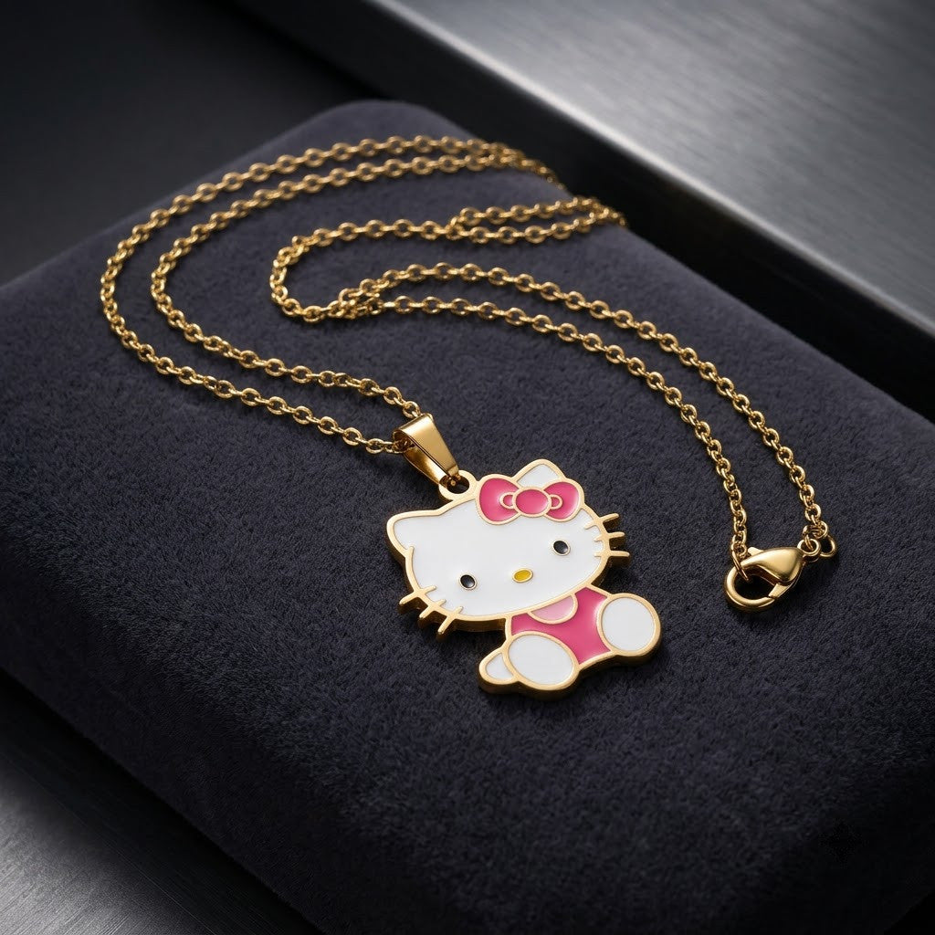 Playful Kawaii Kitty Cat Enamel Bow Necklace - View 2 | ANUSI 18K Gold Jewelry