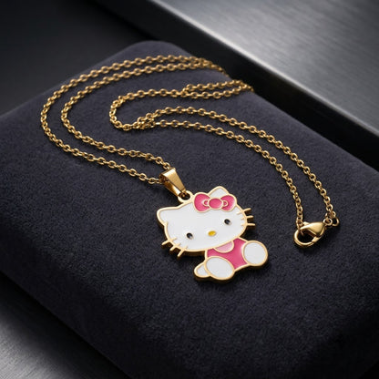 Playful Kawaii Kitty Cat Enamel Bow Necklace - View 2 | ANUSI 18K Gold Jewelry