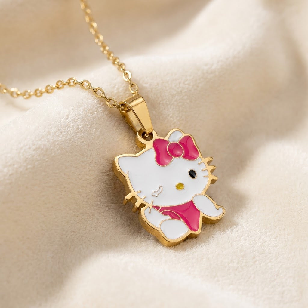 Playful Kawaii Kitty Cat Enamel Bow Necklace - View 4 | ANUSI 18K Gold Jewelry