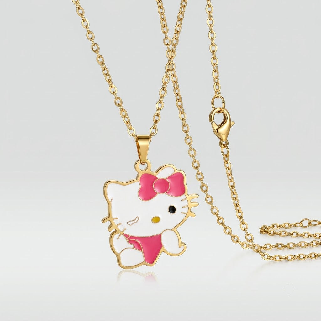 Playful Kawaii Kitty Cat Enamel Bow Necklace - View 7 | ANUSI 18K Gold Jewelry