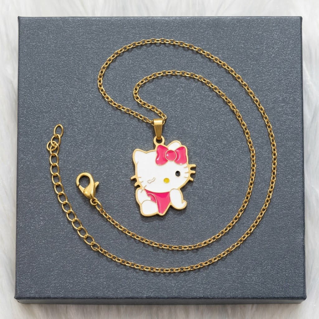 Playful Kawaii Kitty Cat Enamel Bow Necklace - View 8 | ANUSI 18K Gold Jewelry