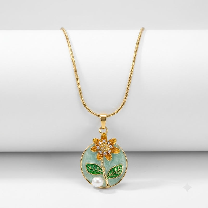 Sunflower Meadow Enamel Medallion Pendant Necklace | 18K Gold Plated | Anti-Tarnish Demi-Fine Sweat-Proof