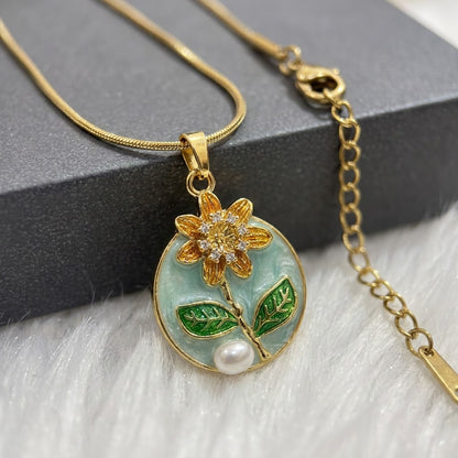 Sunflower Meadow Enamel Medallion Pendant Necklace - View 5 | ANUSI 18K Gold Jewelry