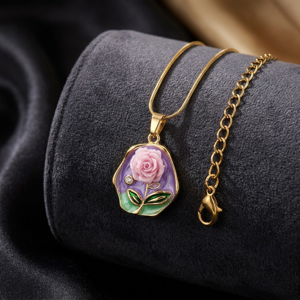 Vintage Lavender Rose Floral Medallion Necklace - View 2 | ANUSI 18K Gold Jewelry
