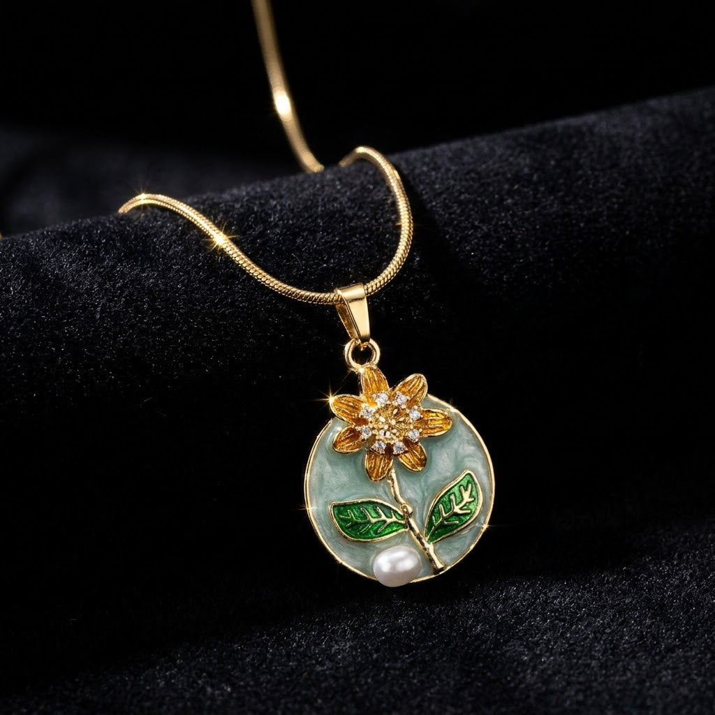 Sunflower Meadow Enamel Medallion Pendant Necklace - View 7 | ANUSI 18K Gold Jewelry