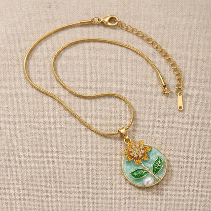 Sunflower Meadow Enamel Medallion Pendant Necklace - View 10 | ANUSI 18K Gold Jewelry