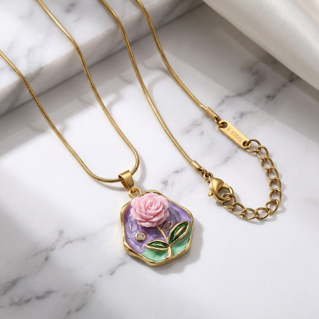 Vintage Lavender Rose Floral Medallion Necklace - View 1 | ANUSI 18K Gold Jewelry