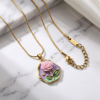 Vintage Lavender Rose Floral Medallion Necklace - View 1 | ANUSI 18K Gold Jewelry